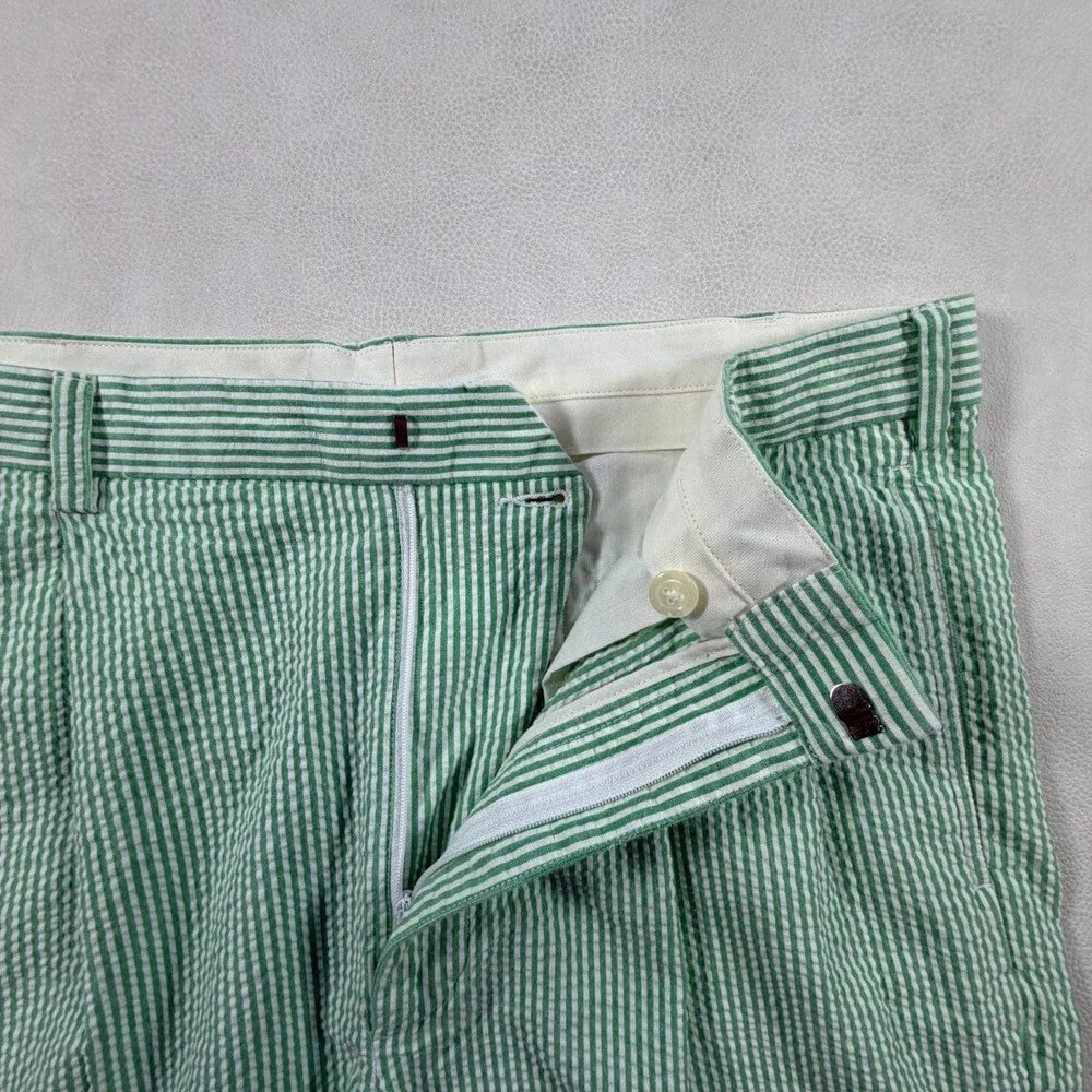 VTG Jos A Bank Mens Green White Seersucker Pleated Pants Striped Trousers 36x32
